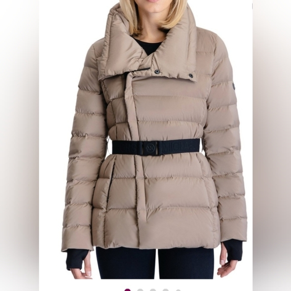 Michael Kors Gray Stretch Belted Asymmetrical Down Puffer Jacket Small - Picture 2 of 6